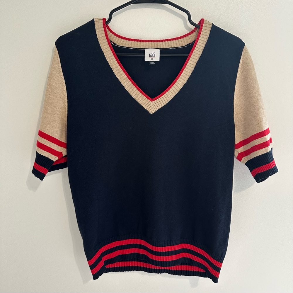 CAbi Black and Red V-Neck Sweater Top